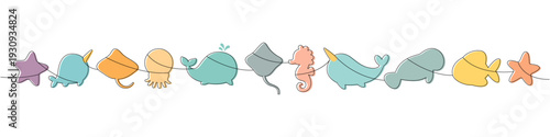 Color one-line marine silhouettes with starfish, narwhal, stingray, jellyfish, whale and seahorse