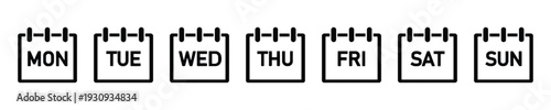 Set of calendar icons displaying days of the week from Monday to Sunday