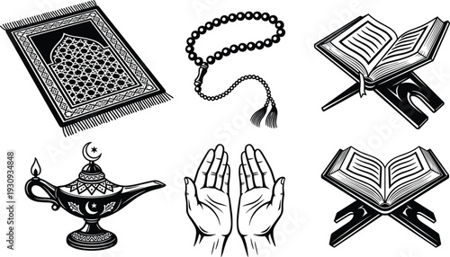 Islamic religious symbols set illustration, Quran, prayer beads, hands dua, lamp and prayer mat vector icons isolated on background