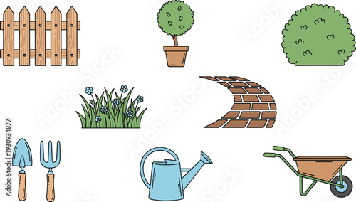 Garden elements set illustration, fence, plants, tools and wheelbarrow, cute outdoor landscaping vector icons isolated on background