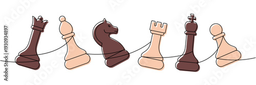 Minimalist linear chess composition with queen, bishop, knight, rook, king, and pawn connected by a single elegant line