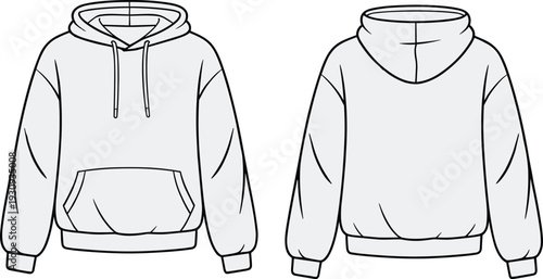 Blank hoodie mockup front and back view, classic pullover sweatshirt template, isolated apparel outline design for branding presentation