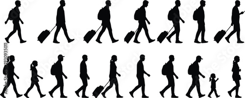 Airport traveler silhouettes collection with rolling luggage and backpacks, walking passenger people set isolated on white background, tourism travel vector illustration