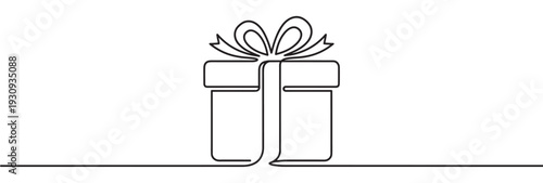 Continuous line drawing gift box with bow, symbolizing celebration, surprise, and generosity for special occasions.