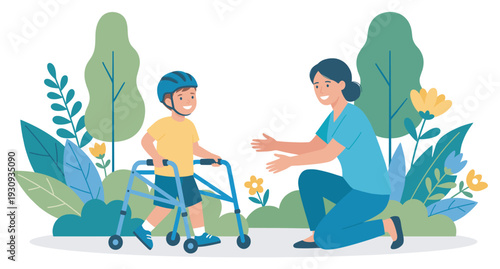 Young boy with a helmet uses a walker with determination as a supportive woman kneels with open arms, encouraging his progress outdoors.