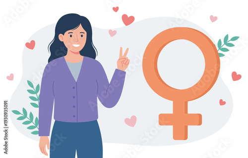Smiling woman shows peace sign next to female gender symbol surrounded by hearts and leaves, representing women's rights and empowerment.