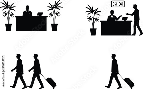 Hotel reception desk and guest check in silhouettes with receptionist and travelers, hospitality service concept vector illustration isolated on white background