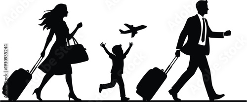 Family travel silhouettes with rolling luggage at airport, mother father and child watching airplane, tourism vacation concept isolated on white background