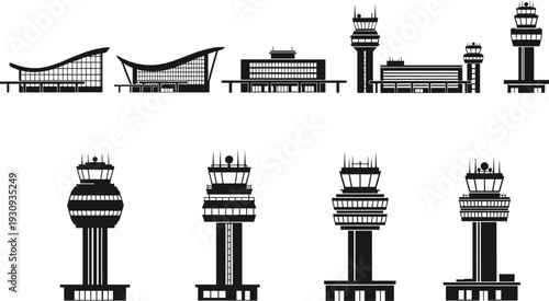 Modern airport terminal and air traffic control tower silhouettes, vector architecture skyline set isolated on white background for travel design projects commercial aviation concept