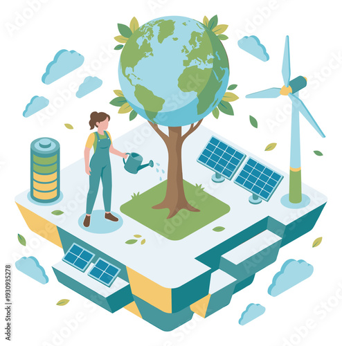 Woman watering Earth tree, surrounded by renewable energy sources for global environmental care and sustainability.