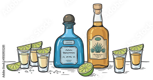 Tequila bottles and shots with salt and lime are traditionally served as a classic Mexican alcoholic beverage illustration.