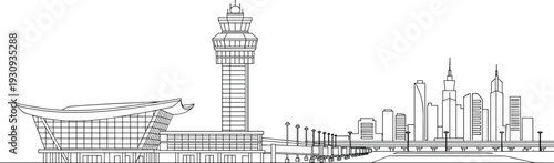 Modern airport terminal with control tower and city skyline outline, continuous line art architecture illustration isolated on white background for aviation travel design