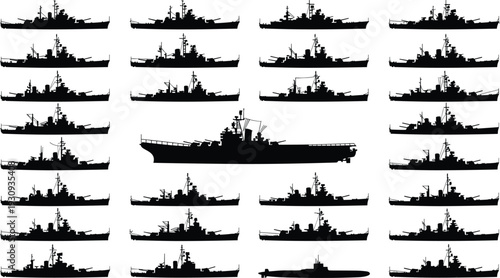 Warship and battleship silhouettes collection with aircraft carrier and submarine, naval military fleet ships isolated on white background vector illustration