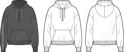 Hoodie mockup collection front and back view, black and white pullover sweatshirt template, realistic apparel design for branding presentation