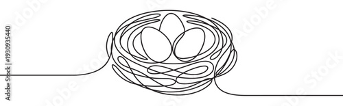 Bird's nest with three eggs depicted in a minimalist continuous line art style, representing themes of family, security, and new beginnings.