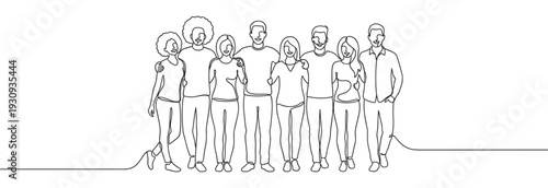 Diverse group of happy friends standing together in a continuous line art style, symbolizing unity and community.