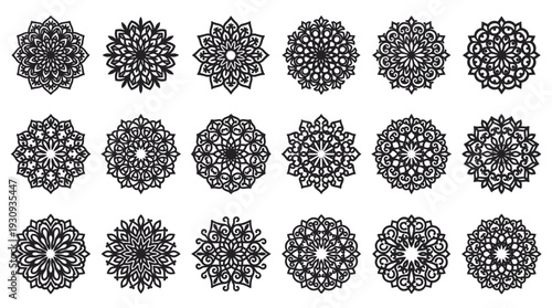 Beautiful ornate symmetrical mandala patterns featuring various intricate floral and geometric motifs for decorative purposes.