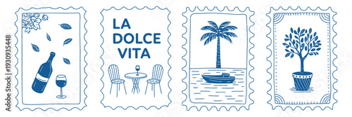 A whimsical illustration featuring a variety of blue and white objects isolated on white background, Vector, illustration