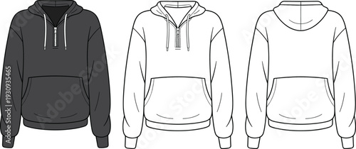 Hoodie mockup set front and back view, black and white pullover sweatshirt template, realistic apparel design for branding presentation