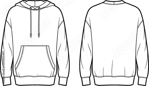 Blank hoodie mockup front and back view, realistic pullover sweatshirt outline template, isolated apparel design for branding and print presentation