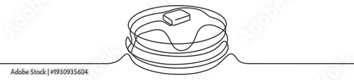 Delightful stack of fluffy pancakes topped with melting butter and sweet syrup, drawn in a modern continuous line art style.