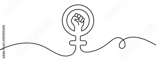 Female gender symbol with a raised fist in a continuous line drawing style representing women's empowerment and solidarity.