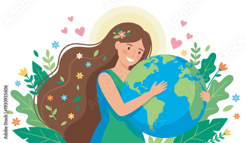 Smiling woman gently embraces the Earth, surrounded by lush green foliage and colorful flowers, symbolizing environmental protection.