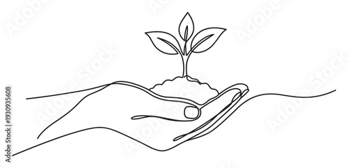 Hand holding plant seedling in continuous line art drawing representing environmental care, growth, and sustainability.