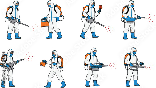 Pest Control Technician Spraying Disinfectant Action Sequence Vector Illustration