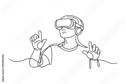 Virtual Reality User One Line Art, Metaverse VR Headset Continuous Line Drawing
