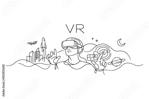 Metaverse One Line Art Collection, Virtual Reality Future Technology Illustration