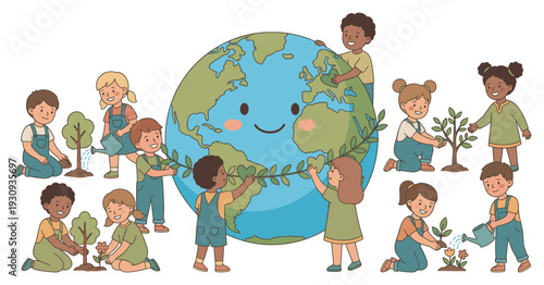 Diverse children planting trees and watering plants around the smiling Earth, promoting environmental care and sustainability.