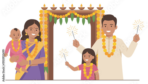 Indian family celebrates a joyful festive occasion with sparklers and traditional decorations under a beautifully adorned archway, smiling happily.