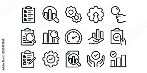 Set of flat icons representing business analytics and performance metrics