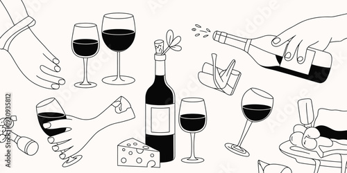 A variety of wine glasses and a bottle of wine on a table with a corkscrew. isolated on white background, Vector, illustration