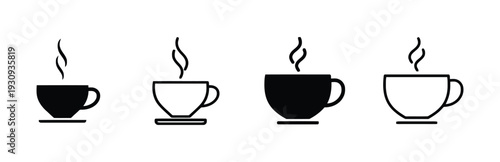 Set of coffee cup icons showing steam in black and white
