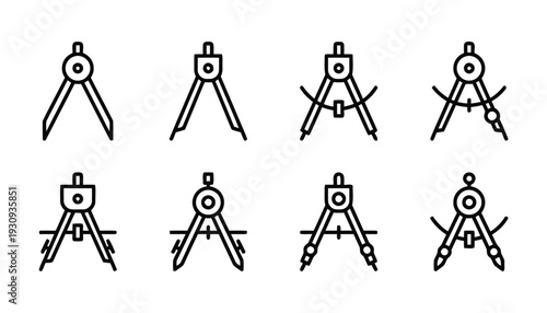 Set of compass icons, mathematical drawing tools for geometry and drafting