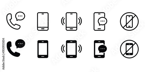 Set of communication icons for phone calls and messages with phones and speech bubbles