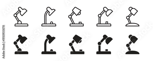 Set of desk lamp icons in outline and silhouette styles