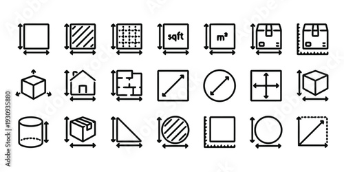 Set of dimension and measurement icons for size and scale representation