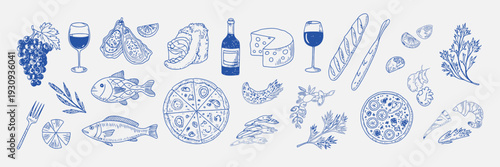 A delightful assortment of blue and white abstract shapes and patterns isolated on white background, Vector, illustration