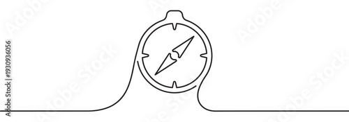 Single continuous line drawing of a compass representing navigation, direction, and exploration for travel and adventure.