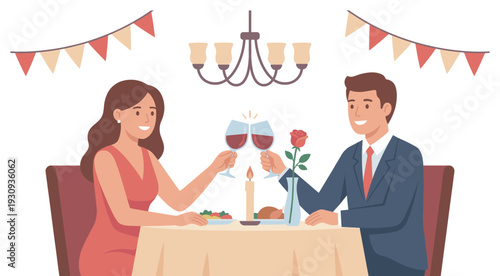 Man and woman enjoying a romantic dinner together, toasting with wine glasses and celebrating a special occasion.