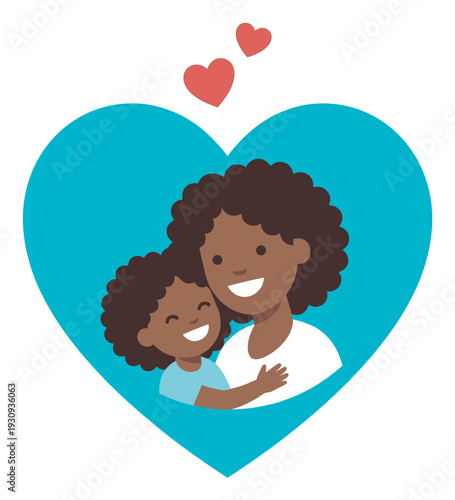 Mother and child characters share a tender hug within a heartwarming blue heart symbol, radiating happiness and affection.