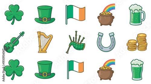 Irish shamrock, leprechaun hat, flag, and other festive St. Patrick's Day symbols create a vibrant vector collection.