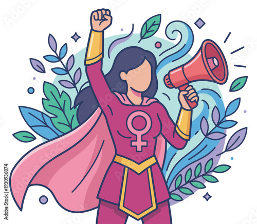 Female superhero character holding a megaphone and raising a fist, symbolizing empowerment, advocacy, and women's rights.