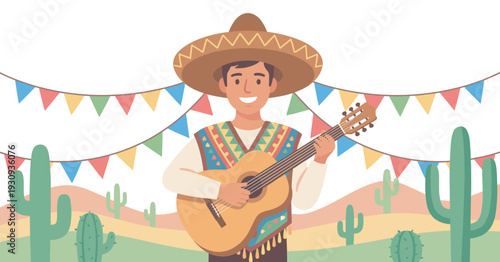 Man in sombrero plays guitar at a vibrant fiesta celebration, surrounded by colorful bunting and desert cacti.