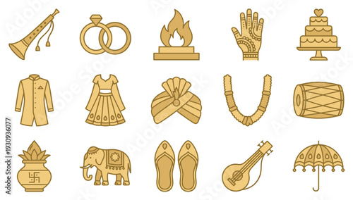 Indian wedding cultural traditional celebration icons set features various elements for ceremonies and festivities in a modern flat style.