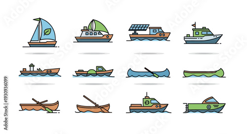 Diverse Collection of Illustrated Watercraft and Boats.