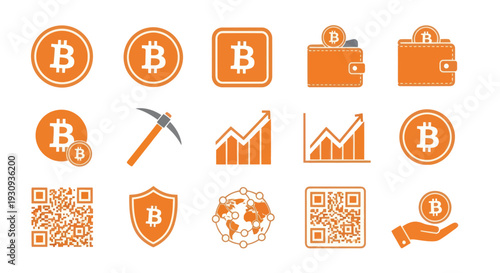 Orange Bitcoin and cryptocurrency icon set featuring wallet mining QR code and financial graph symbols.